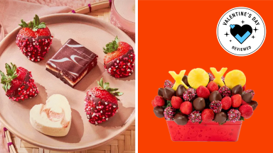 A colorful background with fruit and chocolate from Edible Arrangements and a Valentine's Day badge in the upper right corner.