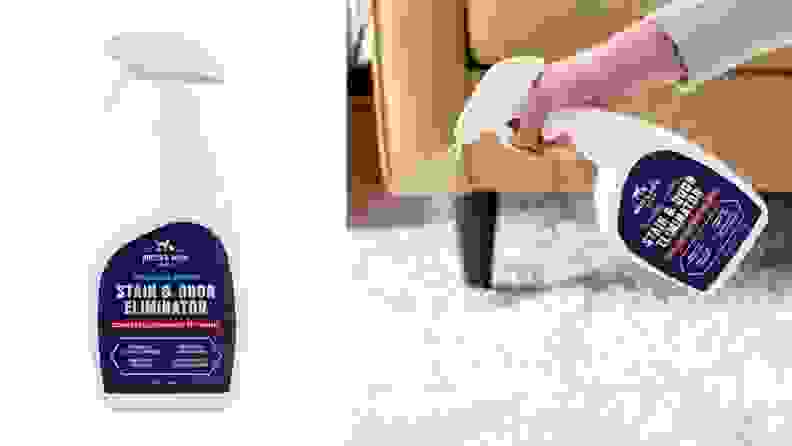 Left: carpet spray bottle on white background, right: hand spraying carpet cleaner bottle on carpet.