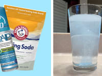 A collage featuring baking soda and foam retainer cleaner next to an image of a glass of water with foaming retainer cleaner