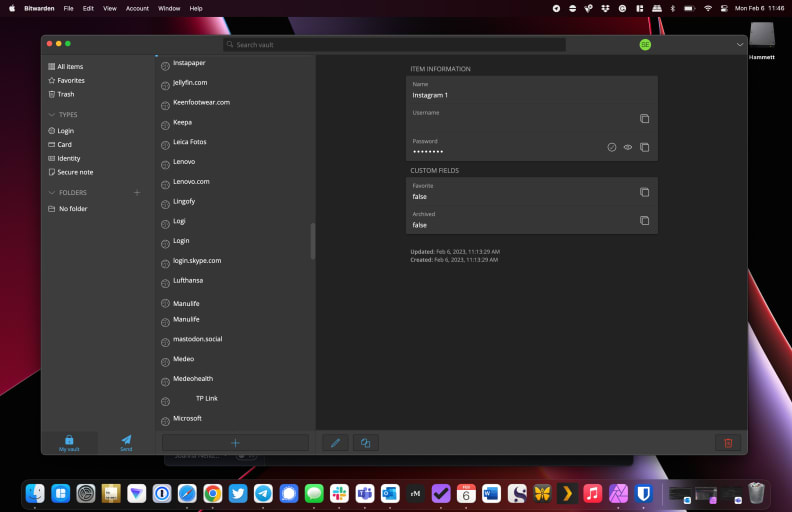 Bitwarden password management software as seen on Mac OS
