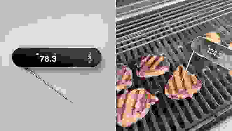 Left: image of the Typhur meat thermometer on gray background. Right: person inserting meat thermometer into chicken on a grill.