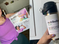 A photo collage of a person smiling while holding the NutriBullet Flip box and holding the NutriBullet Flip in their hand.