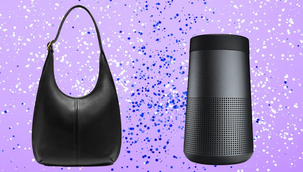 A black leather shoulder bag on the left, next to a black speaker on the right, both against a confetti filled purple background.