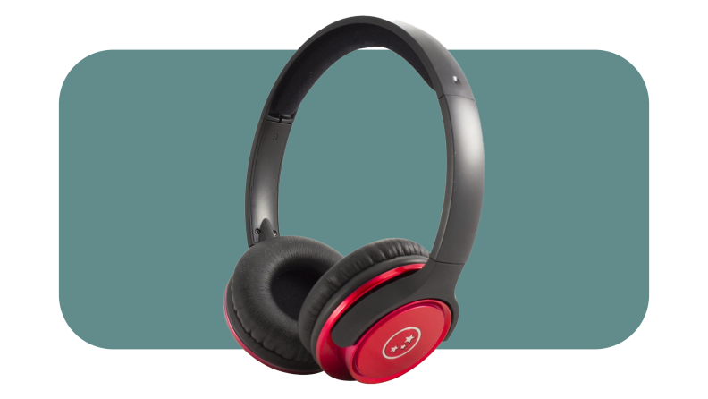 Black pair of Able Planet Musician's Choice Headphones with red on side.