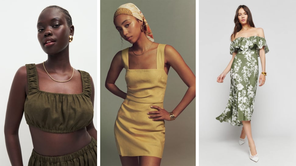 Three images of models wearing linen outfits, the first is in a green crop top, the second in a yellow linen dress, and the third in a printed green dress.