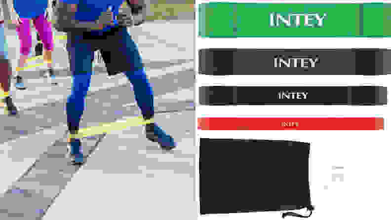 Left: A muscular athlete does a lateral-band walk outdoors. Right: Several lateral bands are displayed in a variety of colors and sizes.