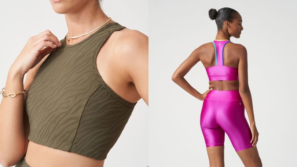 Left: Olive green crop bra top; Right: Hot pink bike shorts and bra