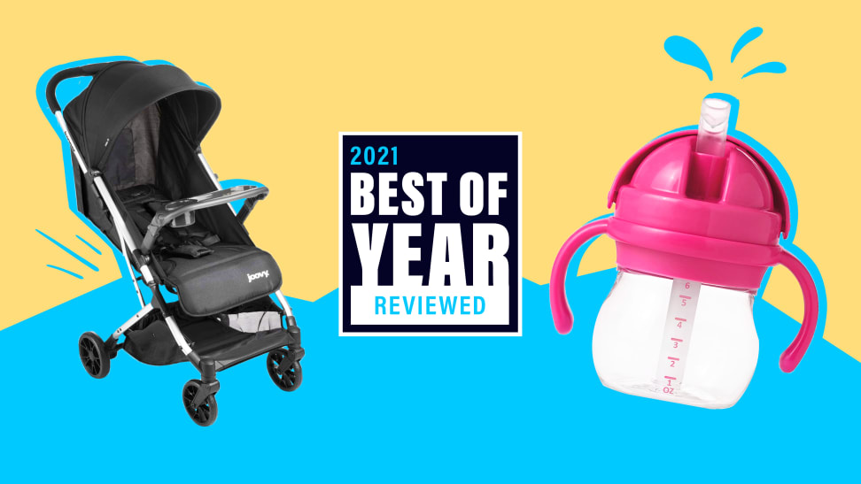 A stroller and sippy cup on a yellow and blue background with the text "2021 Best of Year Reviewed"