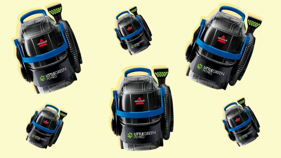 Six copies of a carpet cleaning device against a yellow background.