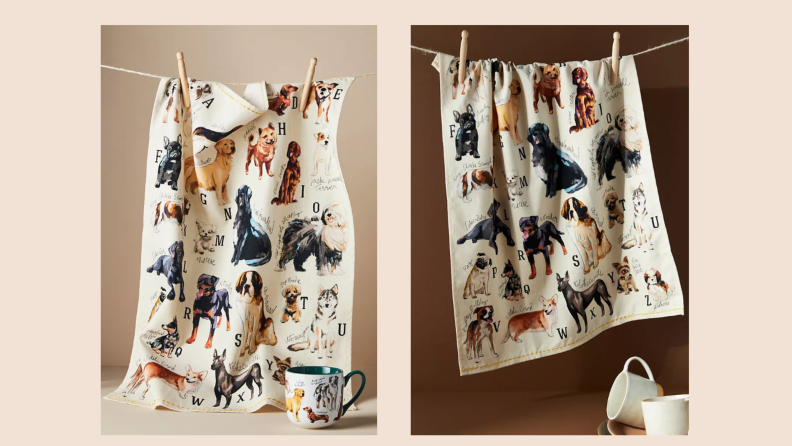 Two dish towels with prints of multiple dog breeds.