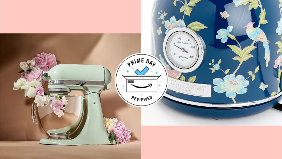 Food mixer and teapot with florals in front of a pink background