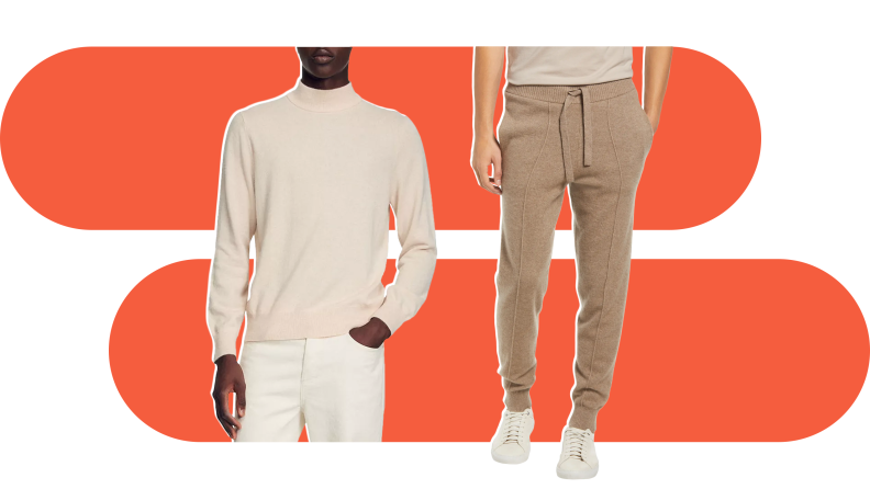 A man in an off-white sweater and tan sweatpants.