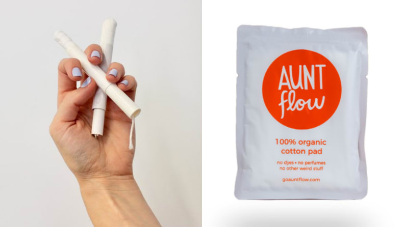 (1) A hand holds a tampon and an applicator.  (2) A set of Aunt Flow Menstrual Pads on a white background.