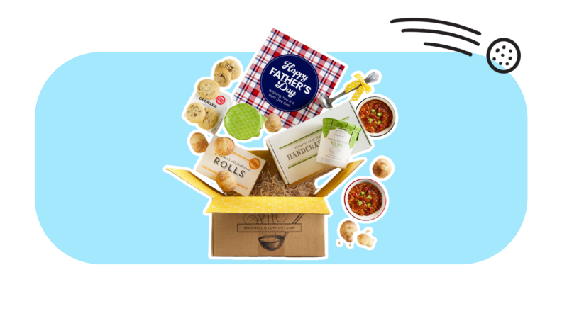 A Spoonful of Comfort box with soup, bread, and cookies.
