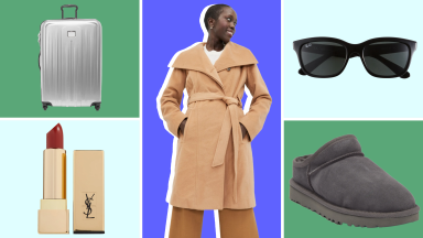 Photo collage of several items from Nordstrom Rack including makeup items, sunglasses, a suitcase, shoes and a model wearing a longline coat.
