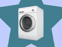 A washing machine inside a star frame on a periwinkle background