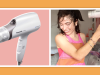 On left, white Panasonic Nanoe hair dryer. On right, person smiling while holding up hair dryer to dry hair.