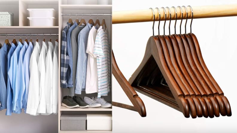 On left, clothing items hanging in closet on wooden hangers. On right, wooden hangers hanging on bar.