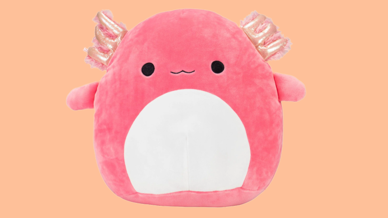 Product shot of Archie the axolotl pink, plush Squishmallow toy.