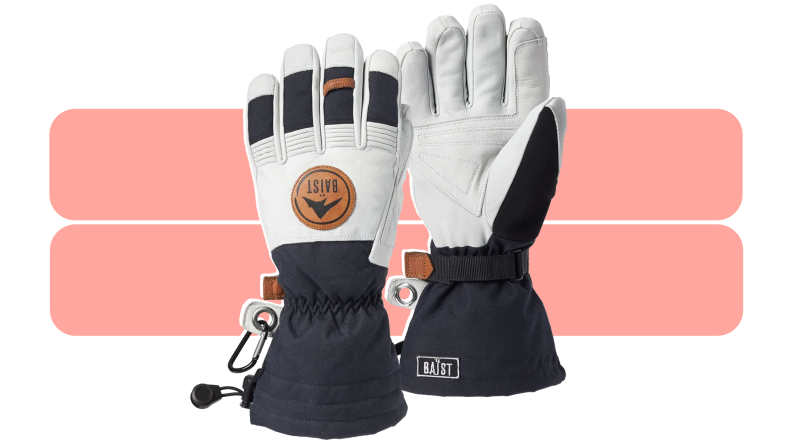 A pair of bulky, white, and, gray Baïst gloves