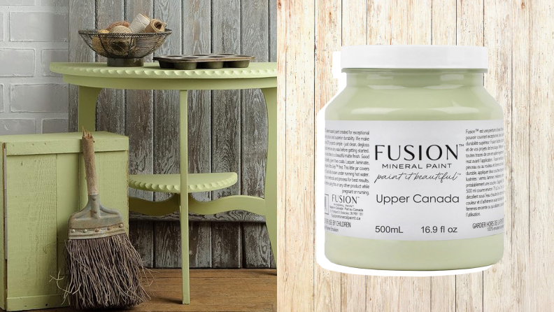Left, several pieces of green-painted furniture; Right, a can of Fusion Mineral Painton wood background