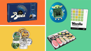 Top left: Perugina Chocolates on orange background. Bottom left: Crazy Aaron's Thinking Putty on yellow background. Right: Star Wars Tamagotchi, Wordle Party Game, and Sushi socks on green background.