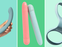 A photo collage of the best eco-friendly toys including the Bloomi Indulge Double-Sided Vibrator, the Gaia Eco wand and the Bloomi Link Flexible Handcuffs on a teal, green and mint green background.
