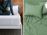 A collage with a person sitting on a Tuft & Needle mattress next to a green bedding set.
