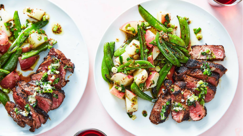 Chipotle spiced steak with potato salad and charred snap peas