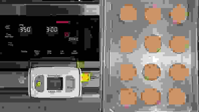 Photo collage of a ThermaData temperature reader attached to door of the Bosch HII8057U 800 Series Induction Slide-in Range and a tray of baked cookies.