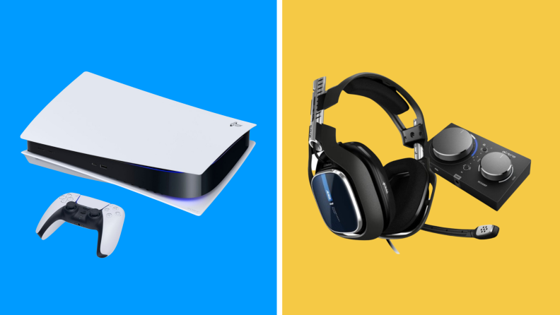 White PS5 and black gaming headset on blue and gold background