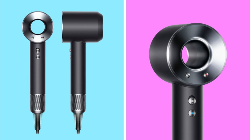 Two different views of the Dyson Supersonic hair dryer in front of colored backgrounds.