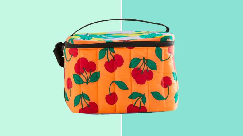 An image of a cherry-patterned Baggu cooler.