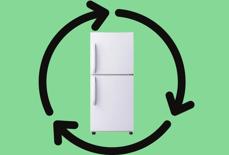A white refrigerator sits inside a circle of arrows representing a lifecycle, all on a green background