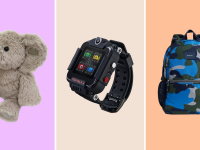 An stuffed animal elephant, a Tick Talk watch, and a State brand, blue and black camo backpack.