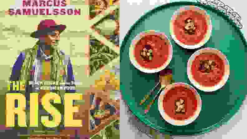 On left, cover of The Rise. On right, four small bowls of red broth on a teal serving tray.