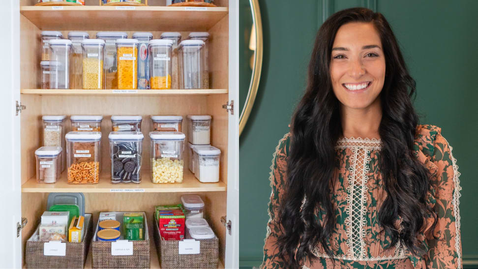 on left, an organized pantry with plastic bins full of pasta, at right, Horderly founder Jamie Hord