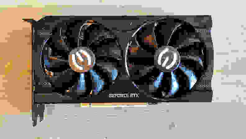 A top-down view of a graphics card