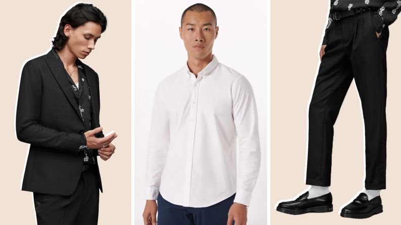 Collage of a black blazer, white dress shirt, and black slacks.