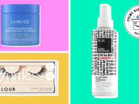 Collage featuring a Laneige face mask, a pair of Velour false eyelashes, and a hairspray from IGK.