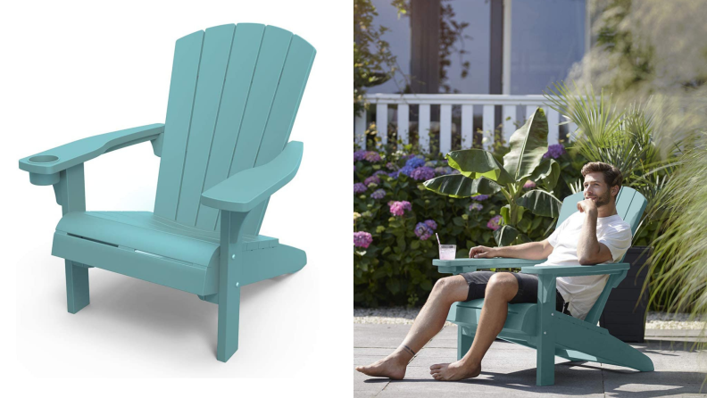 an teal Adirondack chair, next to a man sitting in an Adirondack chair