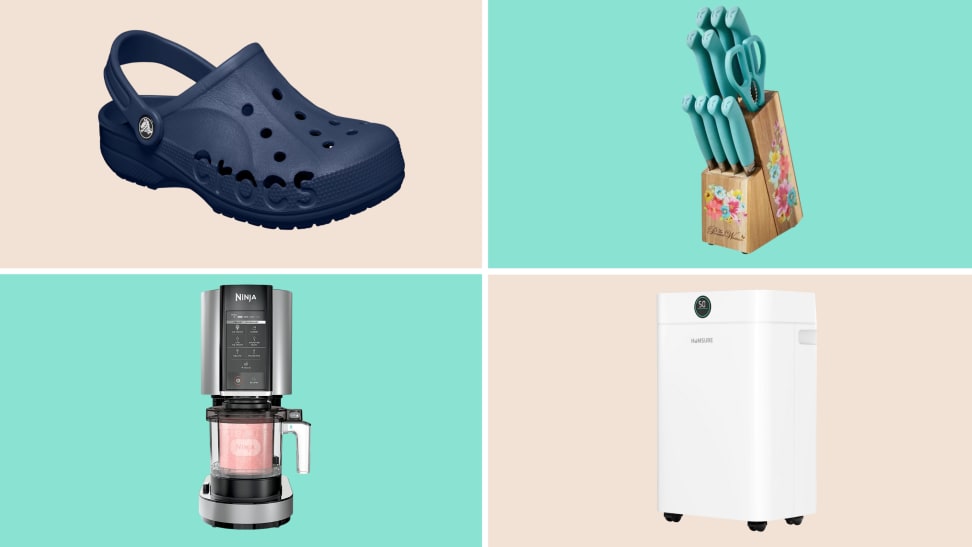 A colorful collage with Crocs, a dehumidifier, knives, and an ice cream maker.