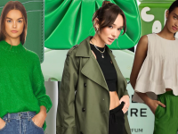 Collage of three women in front of green-colored style and beauty products