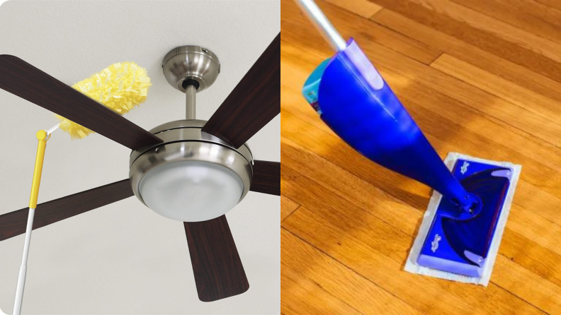 A swiffer duster cleaning a sealing fan and a swiffer wet jet mopping the floors.