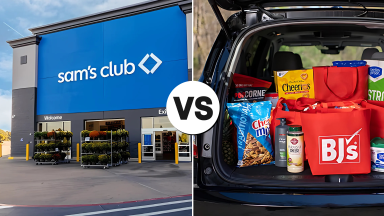 Side-by-side image of a Sam’s Club storefront and the trunk of a car filled with groceries from BJ’s Wholesale Club, with a “VS” graphic in the center.