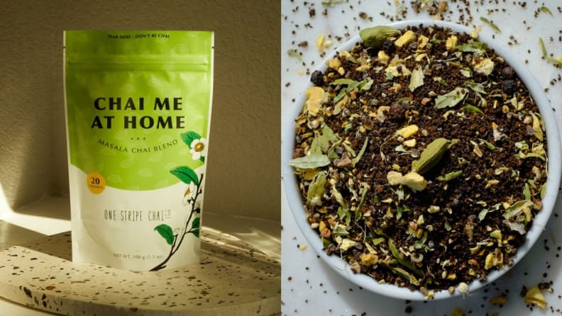 The loose leaf masala chai tastes like black pepper, ginger, and fragrant green cardamom.