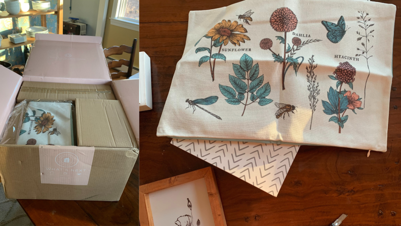two pictures show the unstuffed pillowcase that came with the Decocrated box