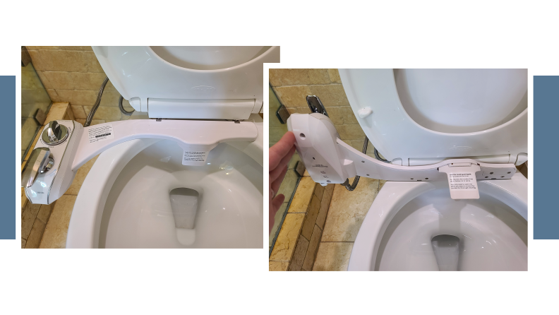 Close up of Neo 320 Bidet installed and underside of bidet.