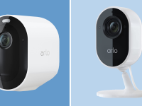 Two Arlo security cameras in front of a blue background. One is wireless and the other wired.