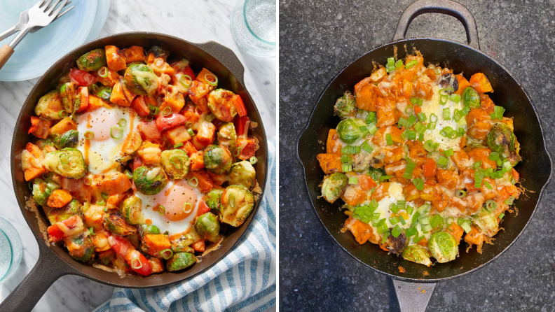 A professional and tester's side-by-side photos of Blue Apron's cast iron egg and vegetable meal.